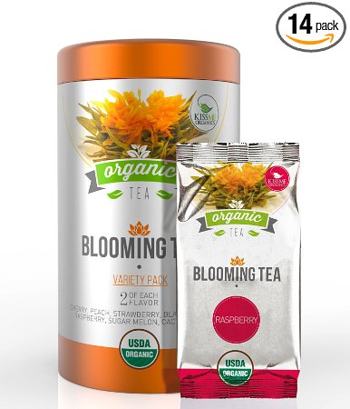Organic Blooming Tea - 14-count Variety Pack of Flowering Tea in a Gift Canister - 100% Organic Calendula Flowers and Green Tea Leaves in Hand Sewn Blooming Tea Balls - 2 of Each Wonderful Flavor