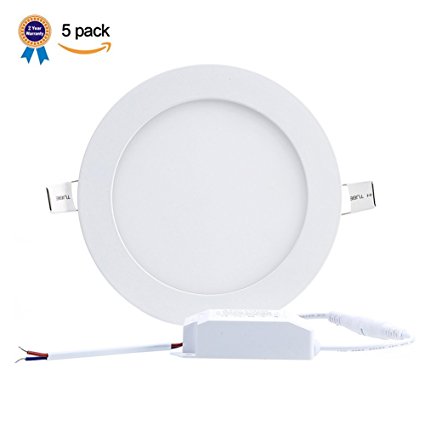 B-right Pack of 5 Units 12W 6-inch Ultra-thin Round LED Recessed Panel Light, 850lm, 80W Incandescent Equivalent, 3000K Warm White, LED Recessed Ceiling Lights for Home, Office, Commercial Lighting