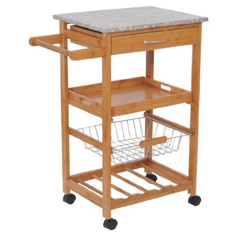 HomCom 31-in. Rolling Wooden Kitchen Trolley Cart with Wine Rack - Granite Top