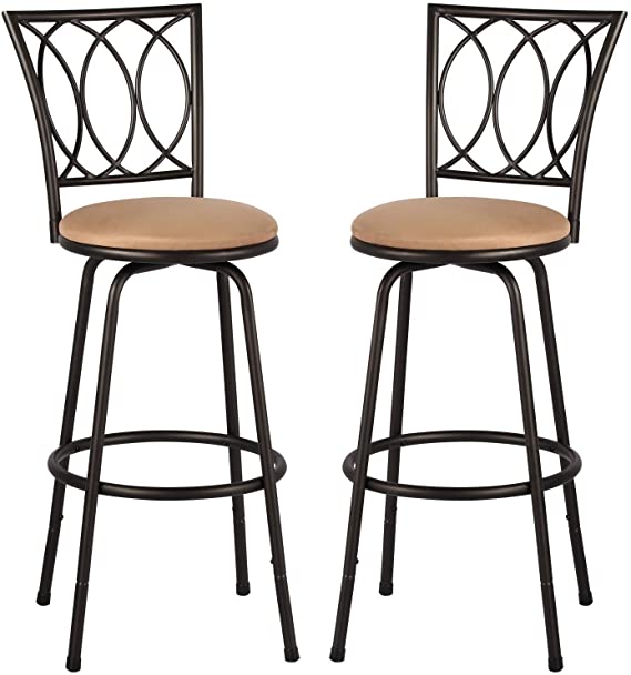 VECELO Adjustable Height Barstools 360 Degree Swivel Sturdy Steel Bistro Pub Chair/Comfortable Round Seat Cushions-Set of 2, Brown