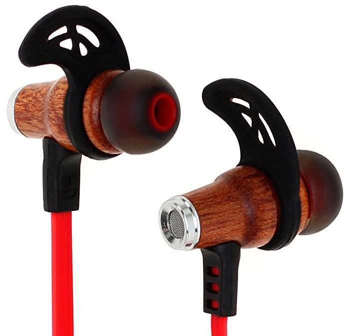 Bluetooth Earphones | Symphonized NRG Wireless In-ear Headphones | Stereo Wood Earbuds | Secure Fit for Sport with Built-in Mic (Red)