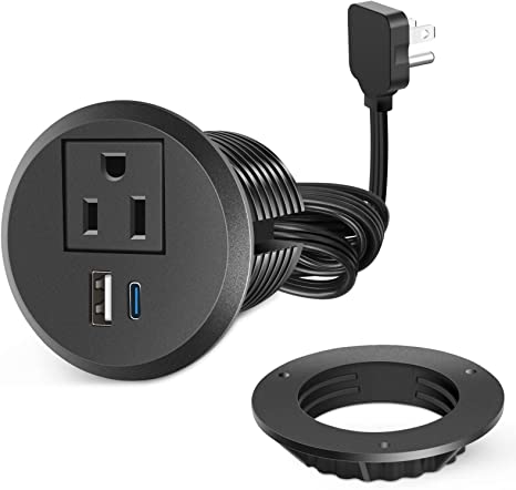 6.5FT Cord Flat Plug 2 inch Desk Power Grommet Outlet, Recessed Power Strip Socket with 2 USB, 18W PD Fast ChargingUSB-C Grommet ,Connect 1 AC Plug for Furniture Conference Room Office Kitchen Table