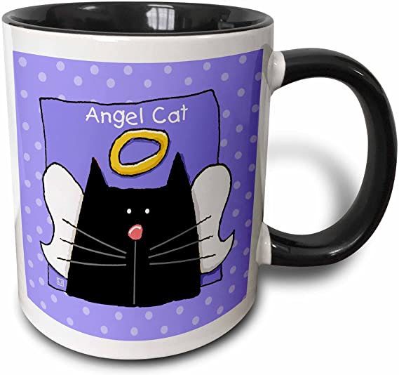 3dRose mug_36660_4"Angel Black Cat Cute Cartoon Pet Loss Memorial" Two Tone Black Mug, 11 oz, Multicolor