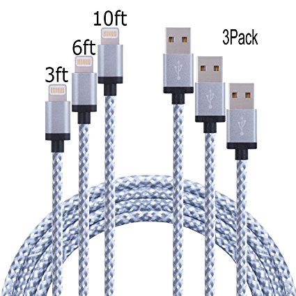 Dufferni 3pcs 3FT 6FT 10FT Lightning Cable Premium Popular Nylon Braided Charging Cable Extra Long USB Cord for iphone 6s, 6s plus, 6plus, 6,5s 5c 5,iPad Mini, Air,iPad5,iPod (Gray with White)