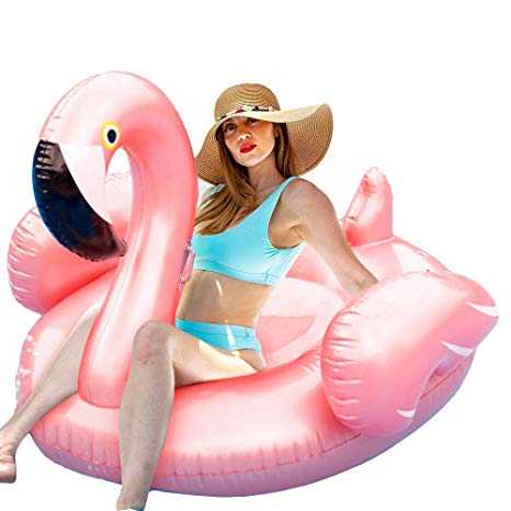 ComTec Flamingo Pool Float - Large Inflatable Pool Float Lounge raft for Summer Pool Party, Beach Toys, Swimming Pool, Ideal for Adults, Kids, Hostess Gift, Pink with Rose Gold Under Sunshine