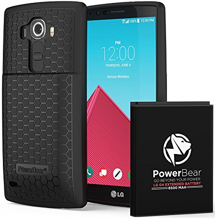 PowerBear LG G4 Extended Battery [6500mAh] & Back Cover & Protective Case (Up to 2.15X Extra Battery Power) - Black [24 Month Warranty & Screen Protector Included]