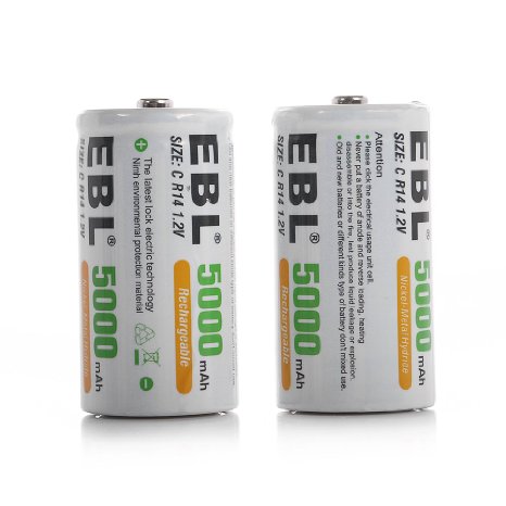 EBL C Size C Cell 5000mAh Ni-MH Rechargeable Batteries, Pack of 2