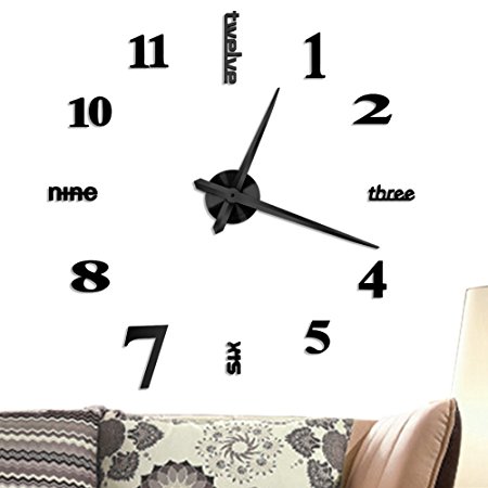 Modern Mute DIY Frameless Large Wall Clock 3d Mirror Sticker Metal Big Watches Home Office Decorations (Black)