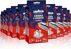 Lavazza, Crema e Gusto Classico, Café Molido Natural, 10 x 250 g, para Cafetera Italiana, de Filtro y Francesa, con Notas de Especias, Arábica y Robusta, Intensidad 7, Tueste Oscuro, Amazon Exclusive