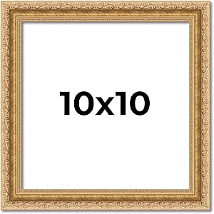 10x10 Frame Gold Ornate Vintage Antique Picture Frame Solid Wood | 1.25 Inch Moulding Width | with UV Acrylic Plexiglass, Foam Board Backing & Hanging Hardware Included