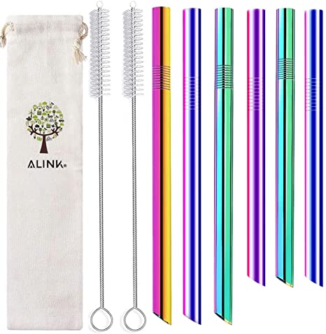 ALINK 10'' 8.5'' Reusable Boba Straws, 12 mm Wide Colored Stainless Steel Metal Smoothie Straws for Bubble Tea/Tapioca Pearl,6 Straws   2 Cleaning Brush   1 Case