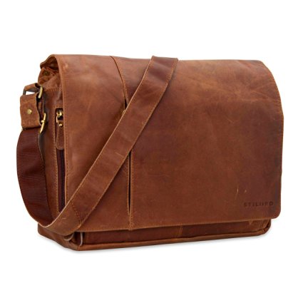 STILORD Vintage Messenger Bag Leather Shoulder Cross-Body Laptop Bag 15.6 inches MacBooks genuine Buff Leather brown