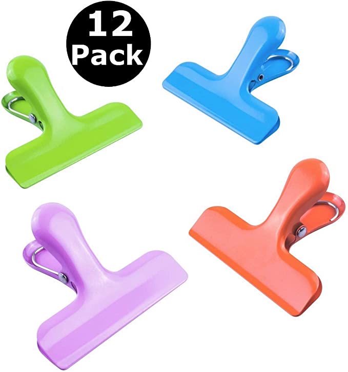 Chip clips CROC JAWS stainless steel Large 3" wide 4 colors. Metal Bag clips for kitchen, home and office. 12 Pack (3 of each color)