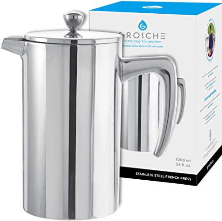 GROSCHE Dublin Stainless Steel French Press 8 cup / 34 fl oz / 1000 ml capacity. Double polished ultra fine heavy gauge 18/8 Double Walled Stainless Steel French press Coffee maker cafetiere