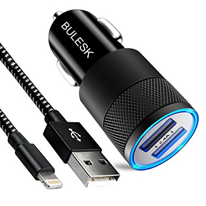 BULESK Car Charger, 24W 4.8A Rapid Dual Port USB Car Adapter with 3FT iPhone Lightning Cable Charging Cord for Apple iPhone 7 Plus 6S 6 SE 5S 5, iPad, iPod - Black