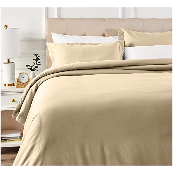 AmazonBasics 400 Thread Count Cotton Duvet Cover Set with Sateen Finish - King, Beige