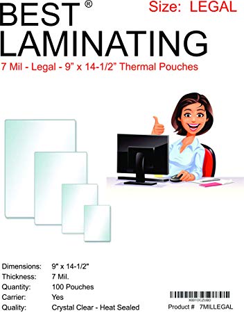 Best Laminating® - 7 Mil Clear Legal Size Thermal Laminating Pouches - 9 X 14.5 - Qty 100