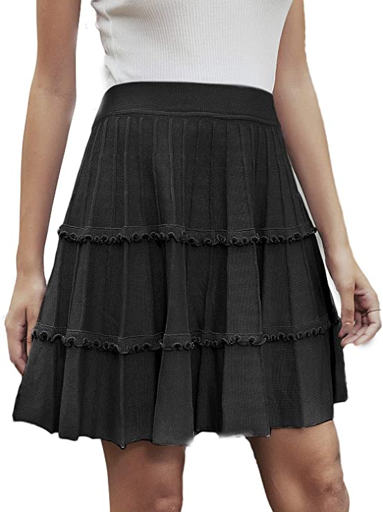 Simplee Women's Flared Pleated Ruffle Knitted A Line Mini Skater Skirt