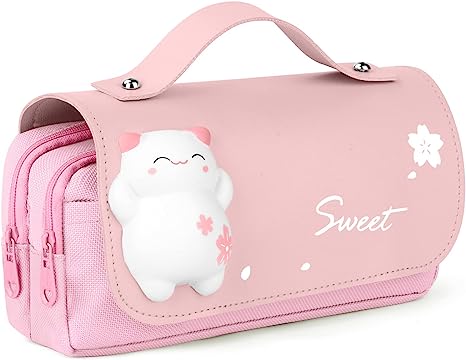 Vicloon Large Pencil Case, Big Capacity Pencil Pen Bag Multi Compartments Office Stationery Makeup Bag Stress Release Pencil Case School Students Girls Boys Teen Storage Organizer Gifts Pink