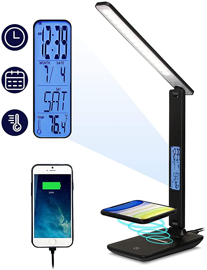 TEQStone Dimmable LED Desk Lamp with Wireless Charging LCD Display USB Charging Port, Adjustable Color & Brightness Levels, Eye Protection Foldable Reading Light