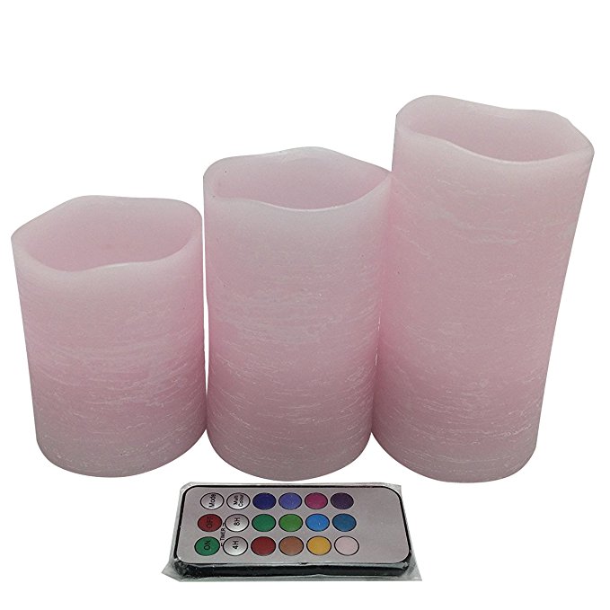 Adoria Pink Flameless Candle Rustic Wax Auto-Cycle 24hour Timer , Remote control Set of 3 , tall 4,5, 6inch,Rose Scented
