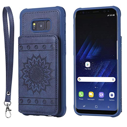 Galaxy S8 Plus Case,DAMONDY Luxury Flower Sunflower Wallet Purse Card Holders Design Cover Soft Shockproof Bumper Flip Leather Kickstand Clasp Wrist Strap Case for Samsung Galaxy S8 Plus-Blue