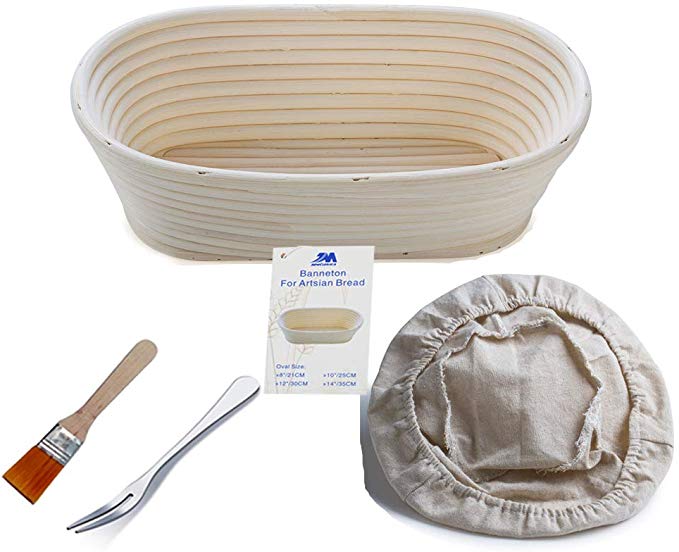 Banneton Proofing Basket 10" Oval Banneton Brotform for Bread and Dough [Free Brush] Proofing Rising Rattan Bowl (750g Dough)  Free Liner   Free Bread Fork