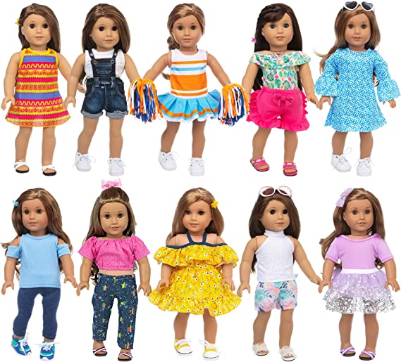Ecore Fun 10 Sets American 18 Inch Doll Clothes and Accessories Doll Outfits Pajamas Dresses Cheerleader Uniform Fit for American Doll, Our Generation Doll, My Life Doll