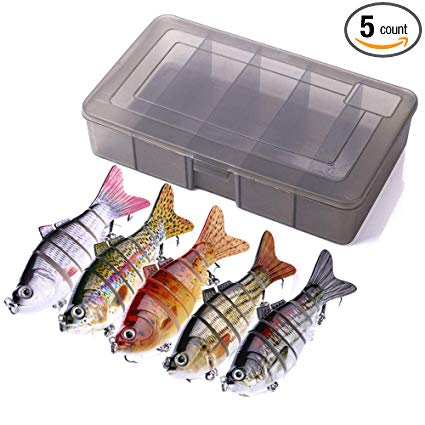 HENGJIA 5pcs Topwater Swimbaits for Bass Fishing Jointed Baits with Storage Box Freshwater Fishing Lures Artificial Trolling Hard Bait