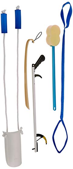 Sammons Preston Hip & Knee Equipment Kit with Assorted Daily Living Tools Including 32" Reacher, Sock Aid with Handle, Plastic Shoe Horn, Bendable Contoured Handled Sponge, and Rigid Leg Lifter