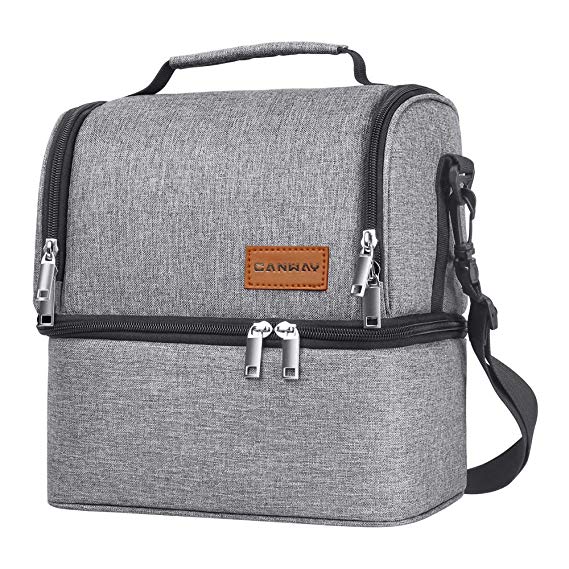 Insulated Lunch Bag, Dual Compartment Lunch Tote Box Leak-Proof Bento Organizer, Double Deck Cooler for Men, Women,for Office/Picnic/Travel/Camping (Gray)