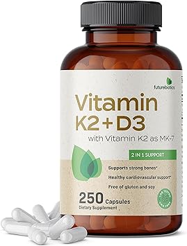 Futurebiotics Vitamin K2 (MK7) with D3 Supplement - Bone and Heart Health Non GMOFormula - 5000 IU Vitamin D3 & 90 mcg Vitamin K2 MK-7 - Easy to Swallow, 250 Vegetarian Capsules