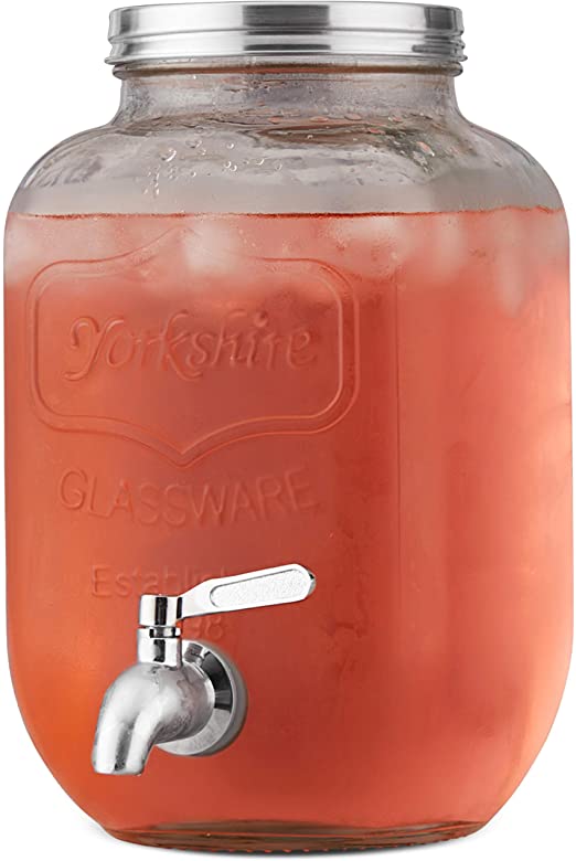 2 Gallon Glass Beverage Dispenser with Metal Spigot - Yorkshire Mason Jar Glassware with Wide Mouth Metal Lid - Great for Sun Tea, Iced Tea, Kombucha Fermenting, Juice, Beer, Wine and Liquor