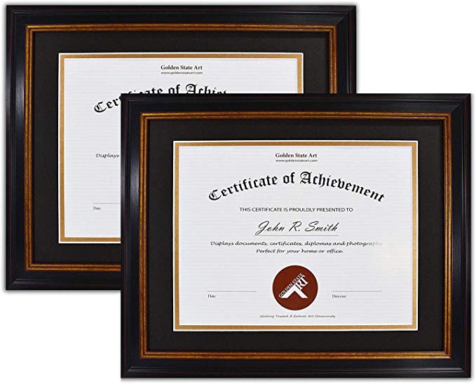 Golden State Art, Set of 2, 11x14 Frame for 8.5x11 Diploma/Certificate, Black Gold & Burgundy Color. Includes Black Over Gold Double Mat and Real Glass
