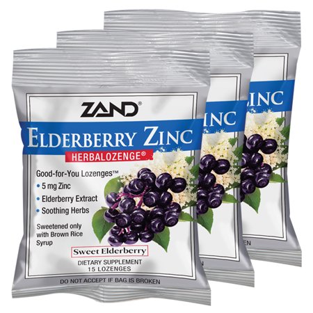 Zand HerbaLozenge Elderberry Zinc | Good-For-You Lozenges for Dry Throats | No Corn Syrup, No Cane Sugar, No Colors | 15 Lozenge, 3 Bags