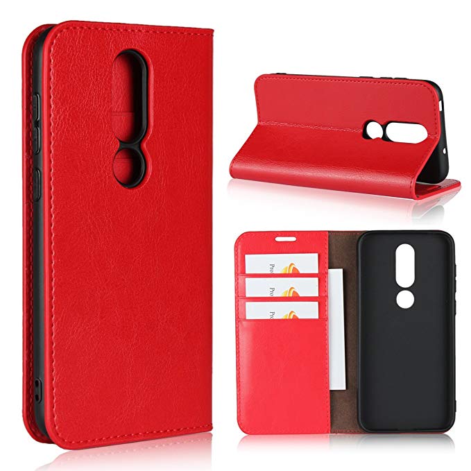 Nokia 6.1 Plus Case (Nokia X6 Case),iCoverCase Genuine Leather Case,Shockproof Heavy Duty Protective with Folio Flip Wallet Leather Case (Red)
