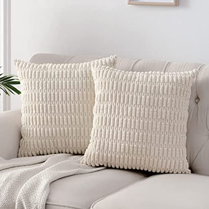 Fancy Homi 24x24 Pillow Covers, Pack of 2 Cream White Throw Pillow Covers with Stripe Pattern, Super Soft Corduroy Square Solid Cushion Cover for Couch Sofa Bedroom Living Room 60x60 cm