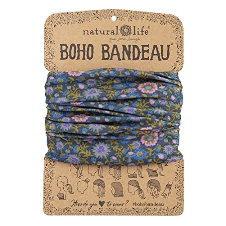 Natural Life Boho Bandeau Headband - Versatile, Wide, Hairband That Stays In Place, 12 Ways To Wear, The Perfect Accessory - Indigo Floral Vines 13.5” L x 9” W