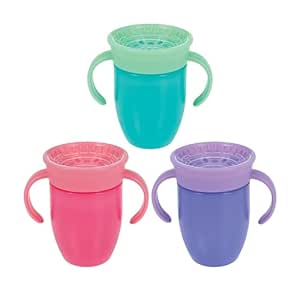 Nuby Wonder Cup with 360 Smart Edge Silicone Rim - (3-Pack) 7 oz - Aqua/Purple/Pink