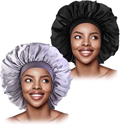 L'VOW 2 Pieces Large Satin Bonnet Sleep Cap Silky Night Hat with Wide Elastic Band for Women Hair Loss Curly Natural Long Hair(Black,Grey)