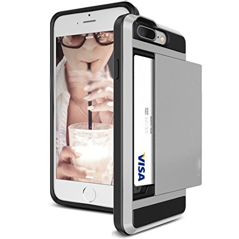 iPhone 8 Plus Case,iPhone 7 Plus Case,JOBSS [Card Pocket] Shock Absorbing Hybrid Best Impact Defender Rugged Slim Card Slot Holder Bumper Wallet Case Cover [Silver]