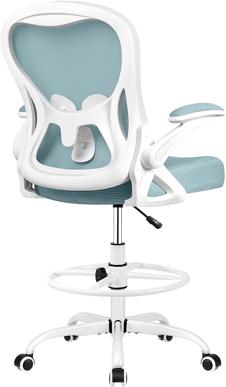 Winrise Drafting Chair, Tall Office Chair Ergonomic Standing Desk Chair, Lumbar Support Computer Chair Swivel Task Rolling Chair with Adjustable Flip-up Armrests & Foot Ring (Light Blue)