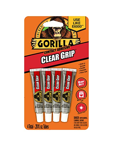 Gorilla Clear Grip Contact Adhesive Minis, Waterproof, Four .2 ounce Tubes, Clear