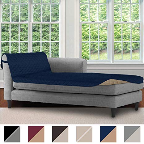 Sofa Shield Original Patent Pending Reversible Chaise Lounge Slipcover, Dogs, 2" Strap/Hook (102" x 34" Size) Furniture Protector, Couch Chair Slip Cover for Kids, Pets (Chaise Lounge: Navy/Sand)