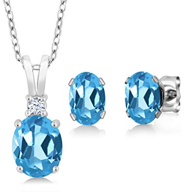 Sterling Silver Swiss Blue Topaz Pendant Earrings Set (3.15 cttw, With 18 Inch Silver Chain)