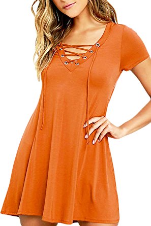 Astylish Womens Casual Short Sleeve Losse Fitting Front Lace Up Cute Swing Mini Dress