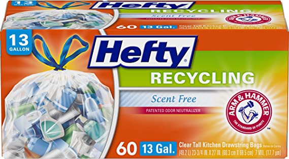 Hefty Recycling Trash Bags (Clear, Tall Kitchen Drawstring, 13 Gallon, 60 Count)