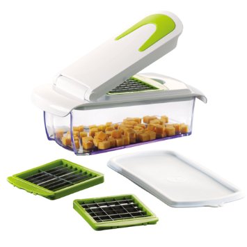 Vegetable and Fruit Chopper with 3 Stainless Steel Blades, Adjustable Slicer & Dicer With Storage Container and Non-Skid Base, By Jobox