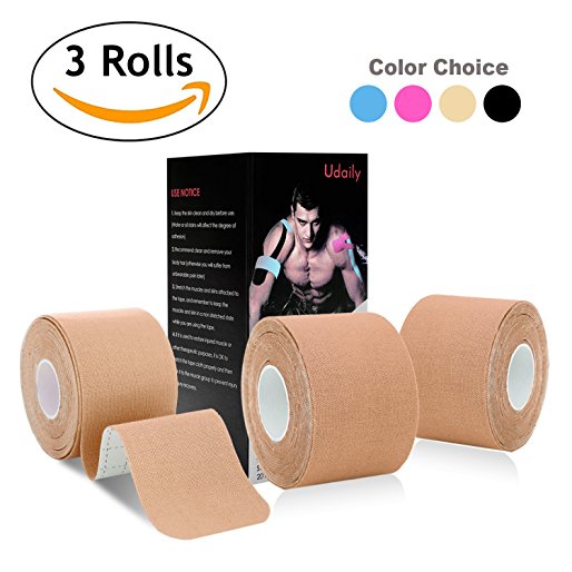 Kinesiology Tape Precut (3 Rolls pack), Udaily Elastic Therapeutic Sports Tape For Knee Shoulder and Elbow, Breathable, Water Resistant, Latex free, 2" x 16.5 feet Per Roll, 20 Precut 10 Inch Strips