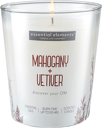 Essential Elements by Candle-lite Scented Candles, Mahogany & Vetiver Fragrance, One 9 oz. Single-Wick Aromatherapy Candle with 50 Hours of Burn Time, Off-White Color